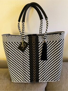 Black & White Woven Tote with Tassel Accent